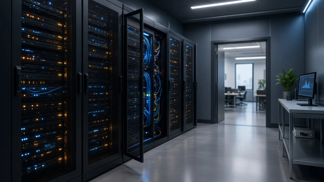 On-prem server cabinets in a hybrid cloud room, with a workplace visible through the doorway