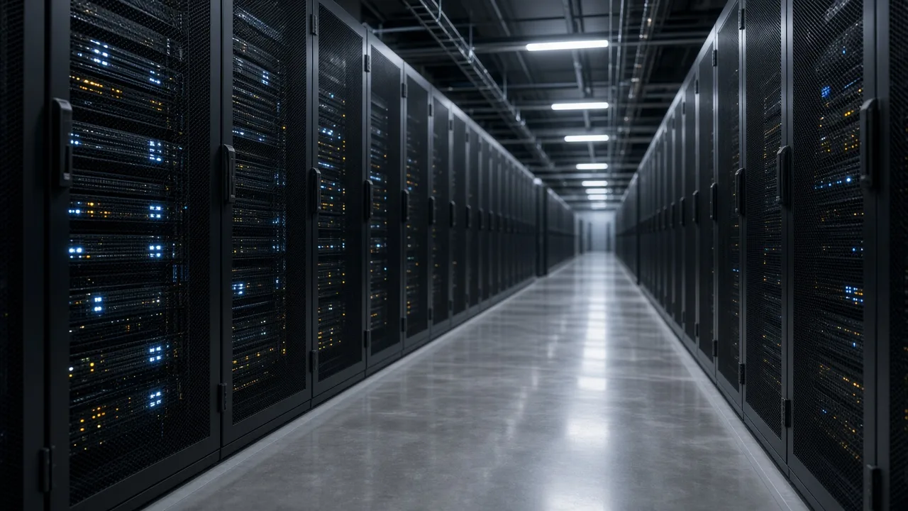 Pristine data center aisle of server cabinets with subtle status LEDs