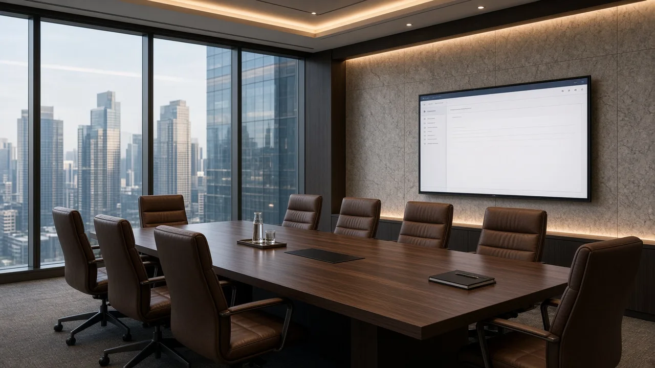 Modern law firm boardroom with glass architecture and discreet technology integration
