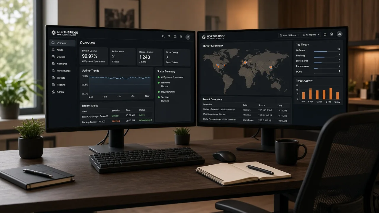 Modern workstation with dual monitors showing uptime and operations dashboards