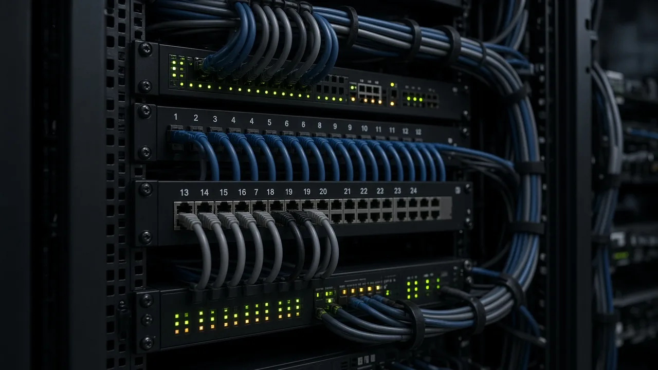Enterprise network core with neatly dressed fiber and copper patch cables