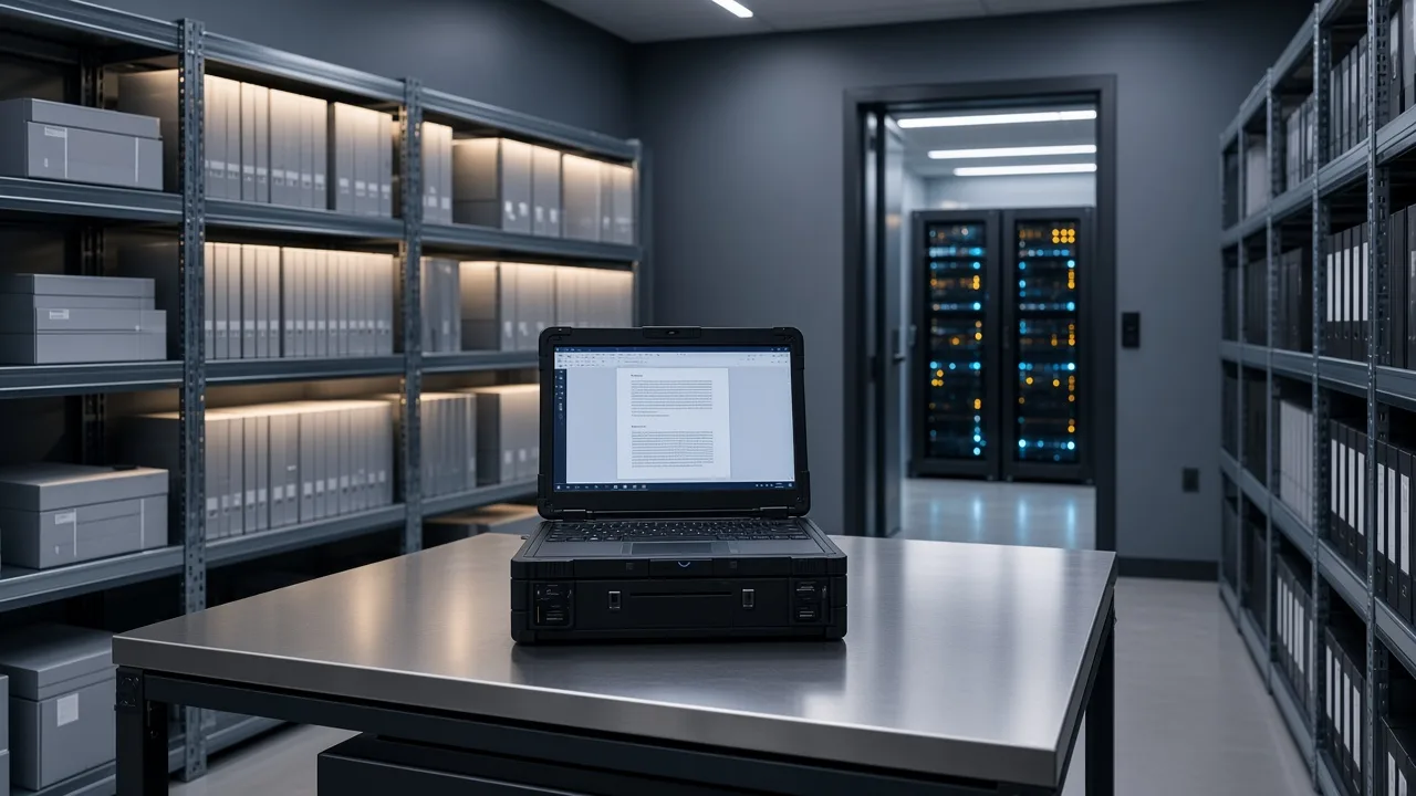 MSP guidance room with technical runbooks, a field laptop, and adjacent rack gear