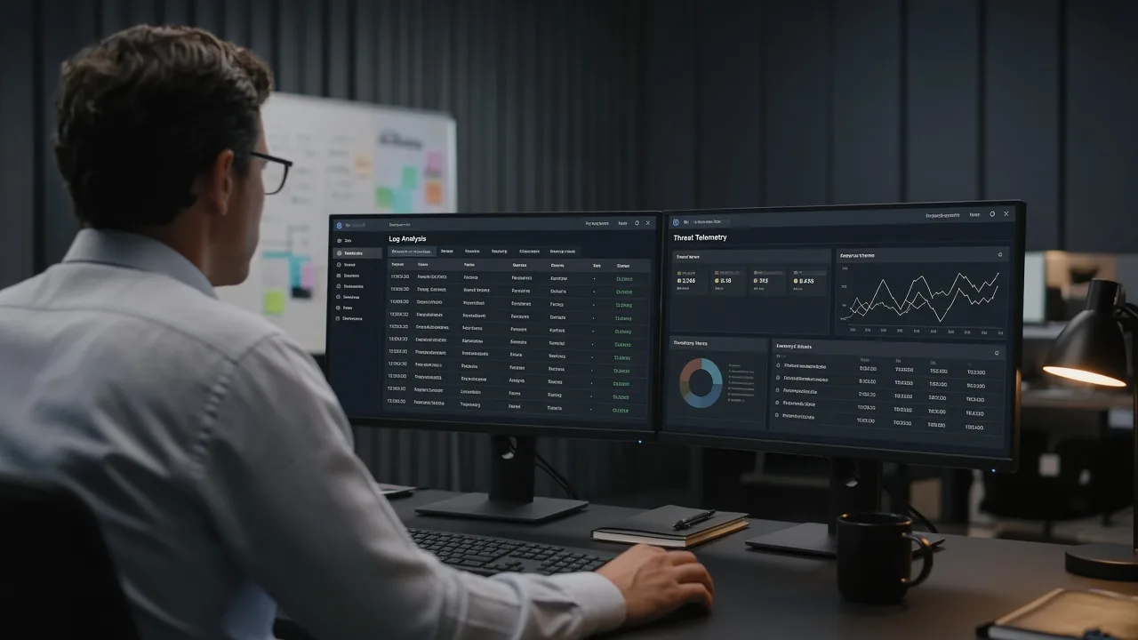 Security specialist reviewing log analysis and threat telemetry in a professional SOC