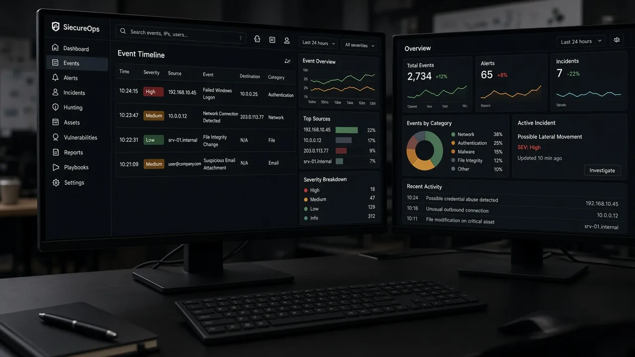 Metro Vancouver SOC workspace with monitors showing threat telemetry and log analysis